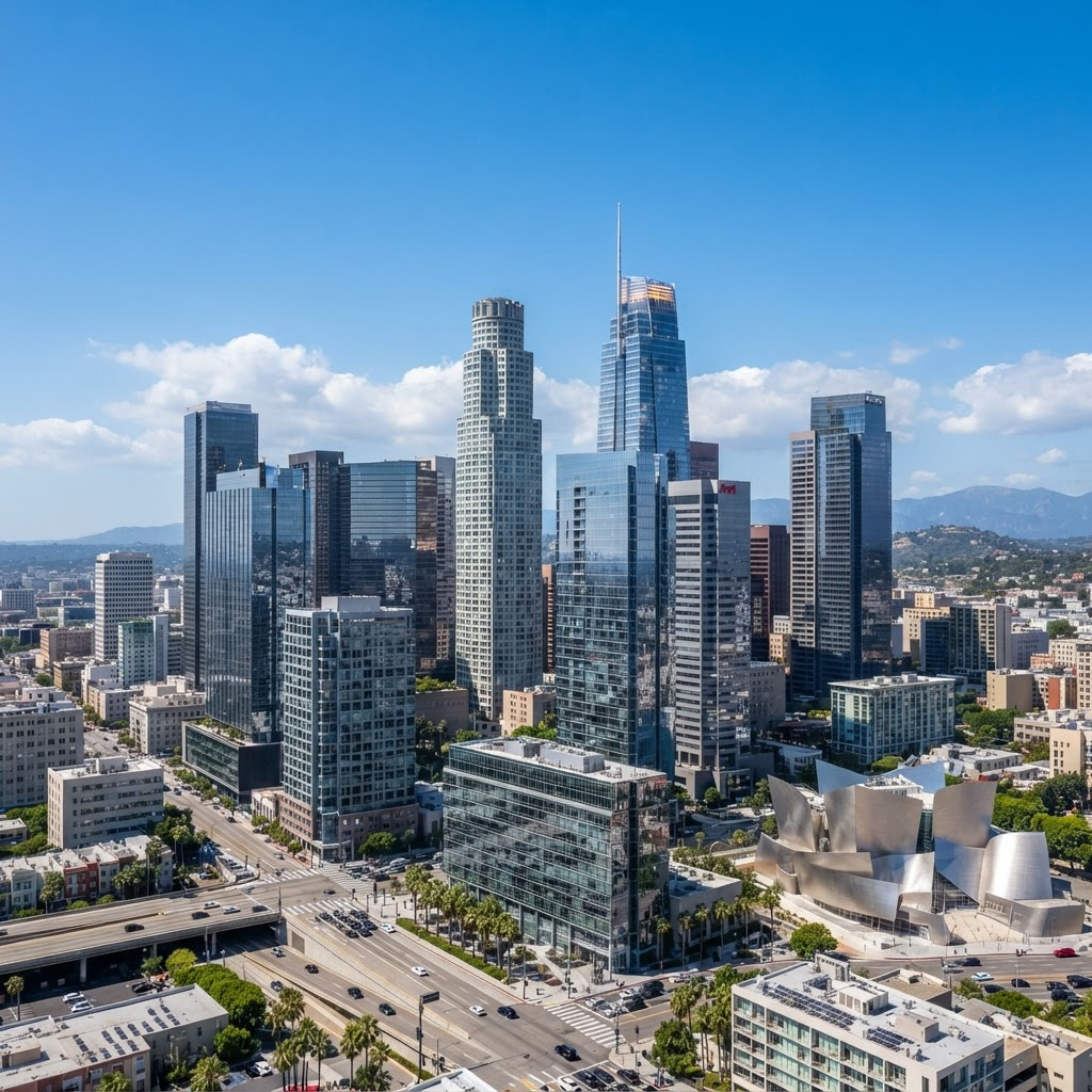 The downtown Los Angeles skyline of modern high-rise office towers under a bright, clear blue sky