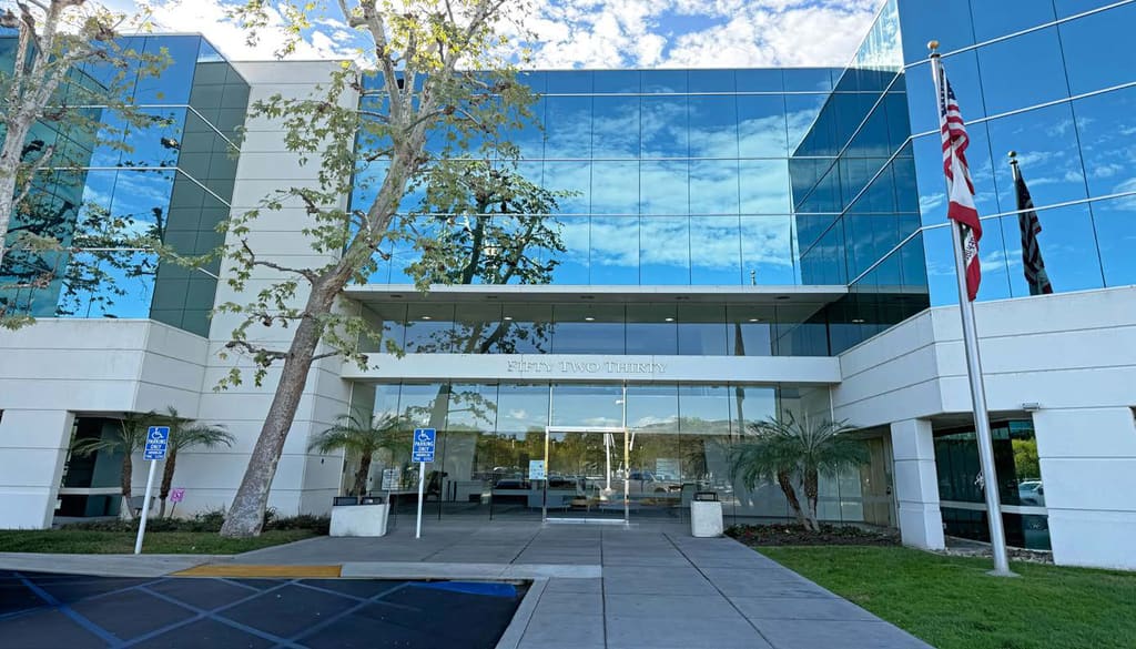 Glass-fronted exterior at 5230 Las Virgenes Road, Calabasas