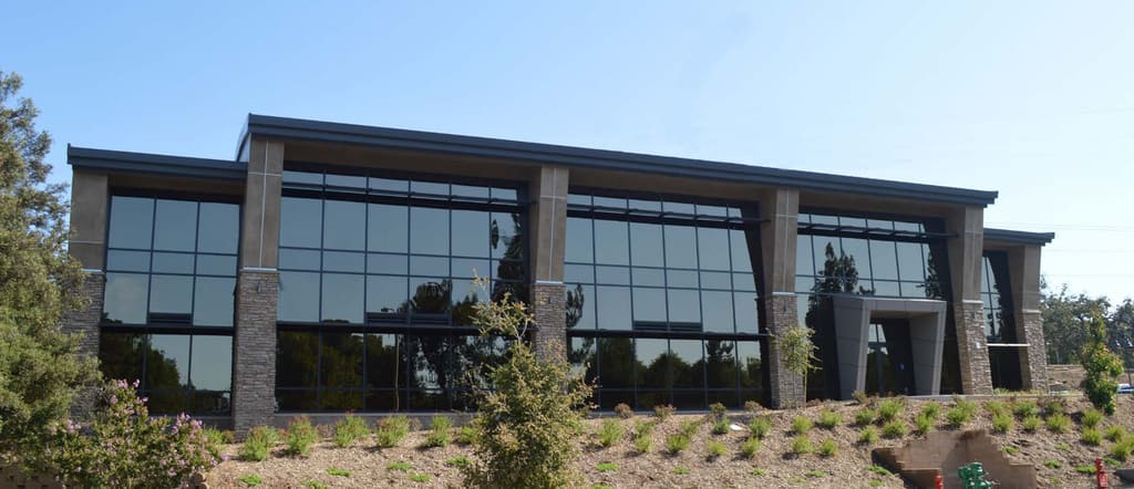 Glass-fronted office building at Liberty Creative Campus
