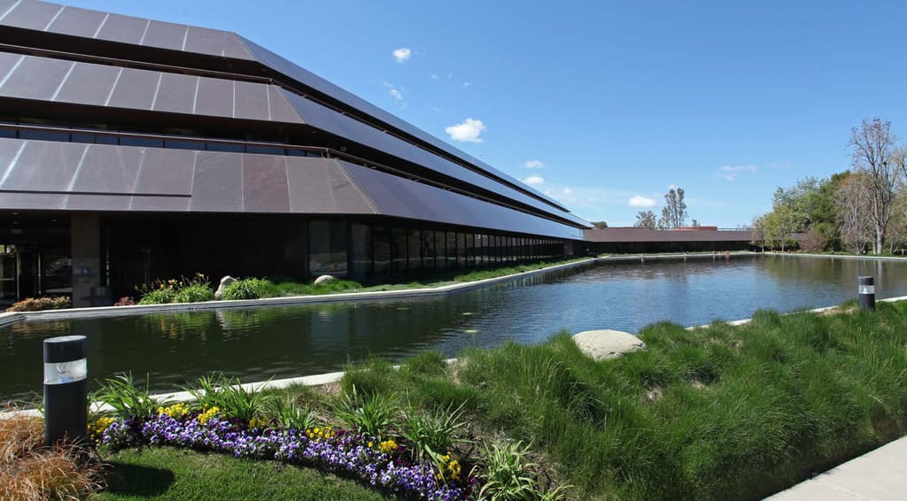 One Westlake office building beside landscaped water, Westlake Village